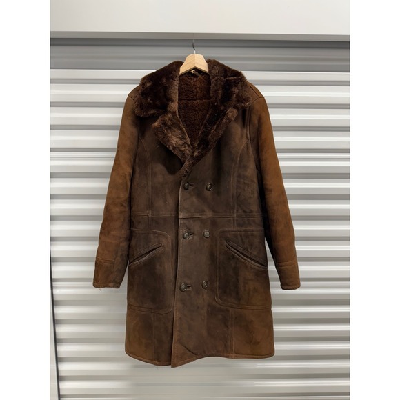 Vintage Jackets & Blazers - Vintage Brown Shearling Sheepskin Coat Double Breasted Faux Fur Collar Size 50